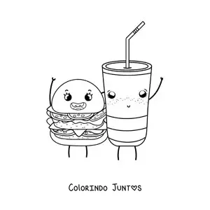 Desenho para colorir de um hamburguer e um refrigerante kawaii animados sorrindo