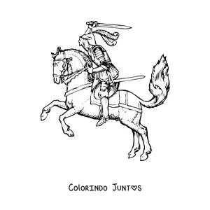 Desenho para colorir de cavaleiro de armadura brilhante em seu corcel