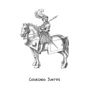 Desenho para colorir de cavaleiro realista de armadura brilhante em seu corcel