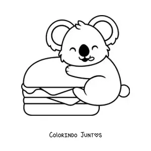 Desenho para colorir de um coala kawaii abracando um hamburguer gigante