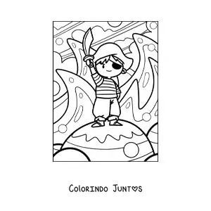 Desenho para colorir de menino pirata animado com espada em uma ilha
