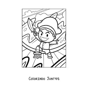 Desenho para colorir de pirata malvado animado com espada em um navio