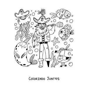 Desenho para colorir de velho pirata animado com animais do mar