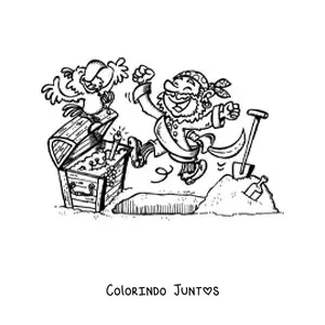Desenho para colorir de pirata animado com seu papagaio desenterrando um tesouro