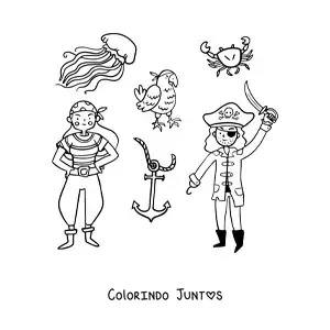 Desenho para colorir de pirata com garota pirata e um papagaio
