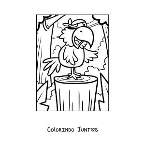 Desenho para colorir de papagaio pirata animado em uma ilha