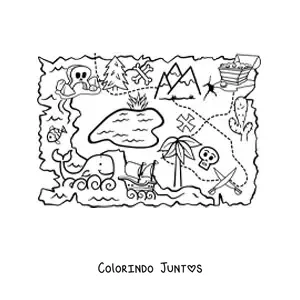Desenho para colorir de ilha do tesouro em um mapa