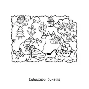 Desenho para colorir de mapa do tesouro escondido na ilha