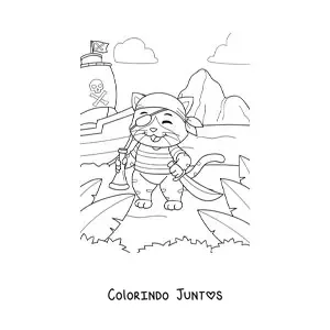 Desenho para colorir de gato pirata animado na ilha do tesouro com seu navio