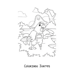 Desenho para colorir de galinha pirata animada na ilha do tesouro com espada