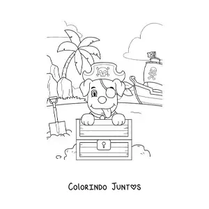 Desenho para colorir de cachorro pirata animado desenterrando um tesouro em frente ao seu navio