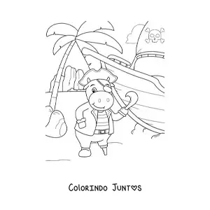 Desenho para colorir de vaca pirata animada na ilha do tesouro com seu navio