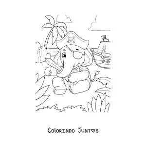 Desenho para colorir de elefante pirata animado na ilha do tesouro com seu navio