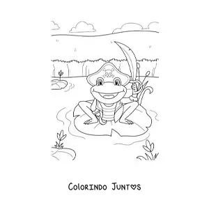 Desenho para colorir de sapo pirata animado em seu pântano