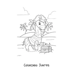 Desenho para colorir de girafa pirata animada com baú do tesouro na ilha