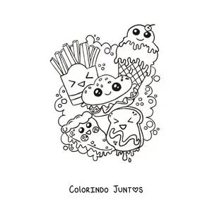 Desenho para colorir de um hamburguer, batata frita, sorvete e uma torrada kawaii