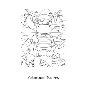 Desenho para colorir de hipopótamo pirata animado na ilha do tesouro