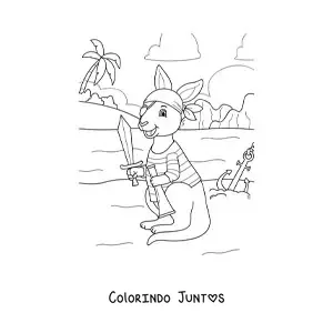 Desenho para colorir de canguru pirata animado procurando um tesouro na ilha