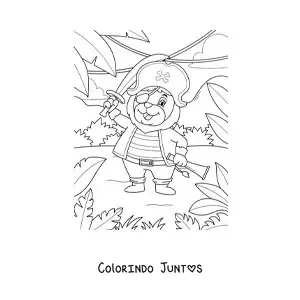 Desenho para colorir de leão pirata animado na ilha do tesouro