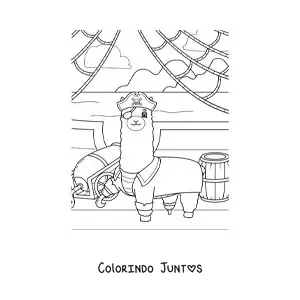 Desenho para colorir de lhama pirata animada em um navio pirata