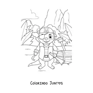 Desenho para colorir de suricato pirata animado com baú do tesouro na ilha