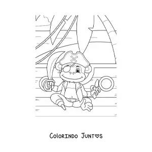 Desenho para colorir de macaco pirata animado em um navio pirata