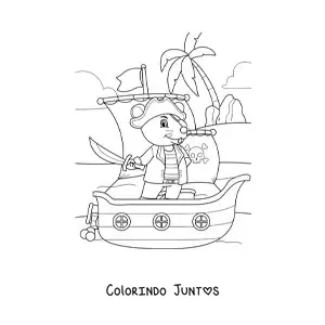 Desenho para colorir de rato pirata animado em um navio chegando à ilha