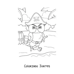 Desenho para colorir de coruja pirata animada na ilha do tesouro