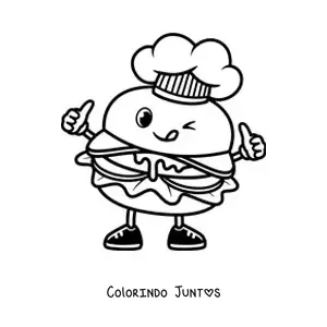 Desenho para colorir de um hamburguer animado com chapeu de chef mostrando a lingua