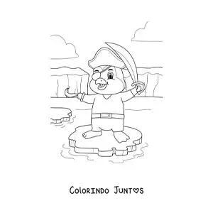 Desenho para colorir de pinguim pirata animado em um iceberg