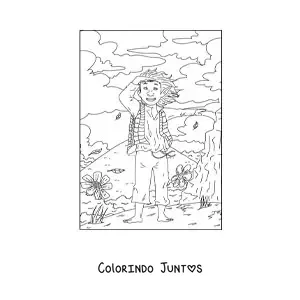 Desenho para colorir de menino troll realista em uma montanha com flores