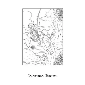 Desenho para colorir de menino troll realista escalando uma montanha com flores