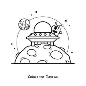 Desenho para colorir de extraterrestre animado em uma nave em outro planeta