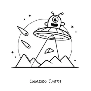 Desenho para colorir de extraterrestre animado voando em um ovni