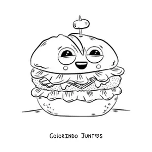 Desenho para colorir de um hamburguer animado com uma azeitona espetada