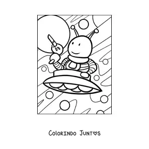 Desenho para colorir de alienígena animado com uma arma em sua nave espacial