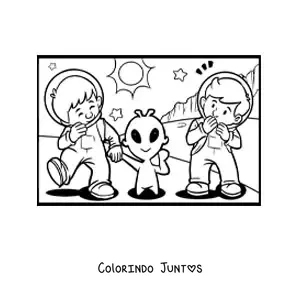 Desenho para colorir de astronautas com extraterrestre em Marte