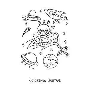 Desenho para colorir de marciano animado em um asteroide