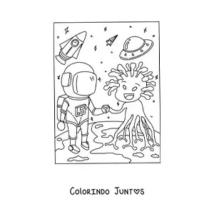 Desenho para colorir de astronauta cumprimentando um extraterrestre