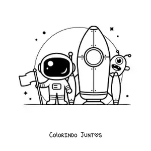Desenho para colorir de astronauta com um foguete e um extraterrestre