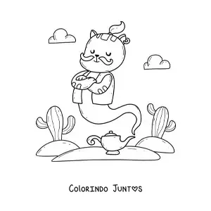 Desenho para colorir de gato gênio kawaii animado saindo da lâmpada