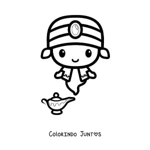 Desenho para colorir de gênio kawaii fácil saindo da lâmpada