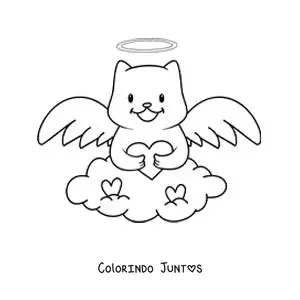 Desenho para colorir de gato anjo animado com coração no céu