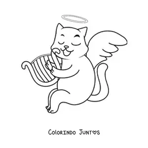 Desenho para colorir de gato anjo animado tocando harpa