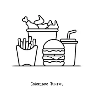 Desenho para colorir de um hamburguer com batata frita, refrigerante e um balde de frango