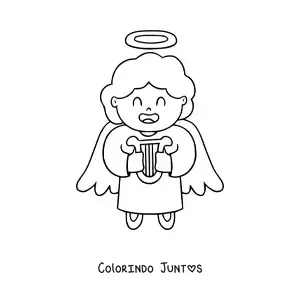 Desenho para colorir de anjo animado com harpa