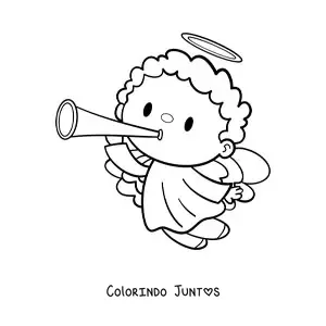 Desenho para colorir de anjo animado voando com trombeta