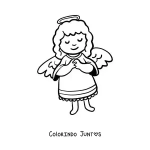 Desenho para colorir de anjo animado rezando com as asas abertas