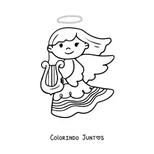 Desenho para colorir de menina anjo com harpa