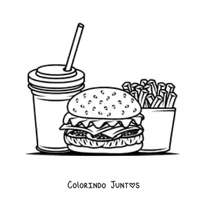Desenho para colorir de um hamburguer com refrigerante e batata frita